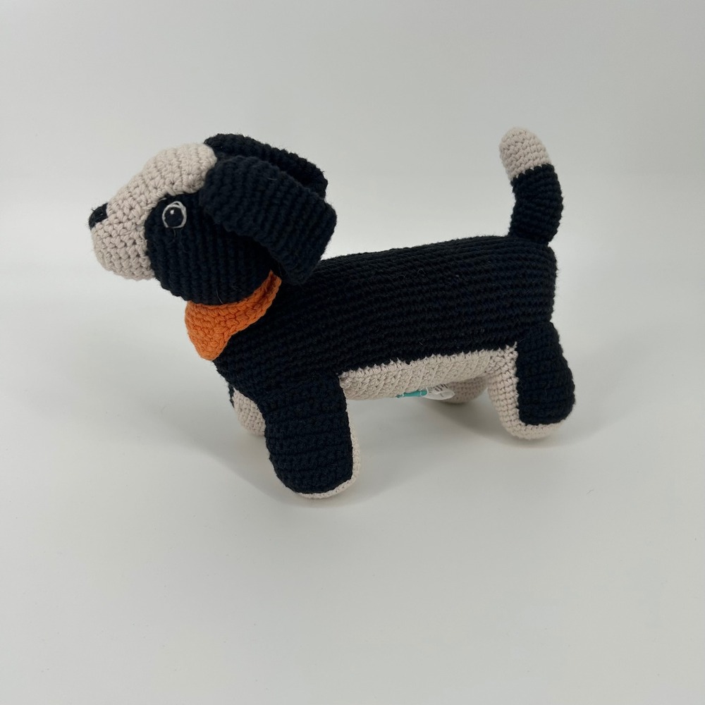 Pebble‎ Crochet Dog Plush Black White Orange Bandana Handmade 100% Cotton Toy
